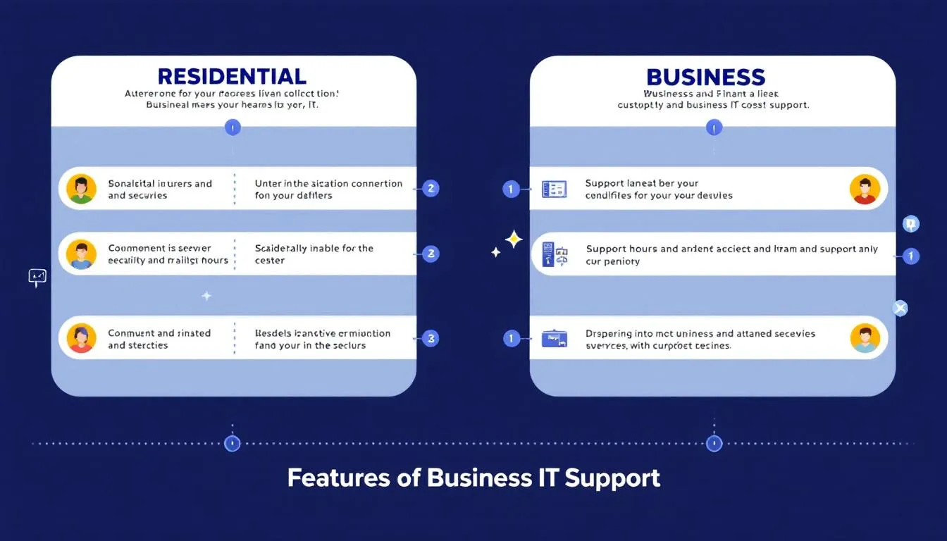 A graphic representation of key features of business IT support, highlighting the differences between residential and business IT services.