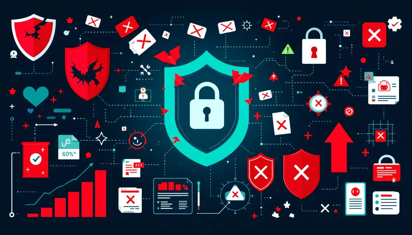 An illustration depicting increasing cybersecurity threats faced by businesses, including symbols of cyber attacks and data breaches.
