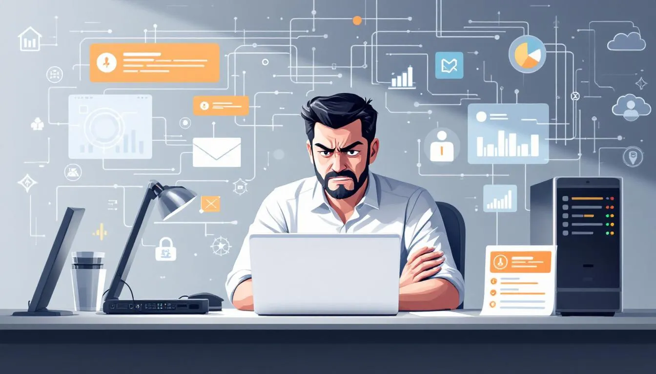 An image showing a frustrated business owner dealing with frequent IT disruptions affecting daily operations.