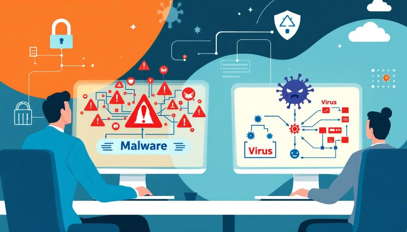 A conceptual image of IT support professionals handling malware and virus threats in a corporate environment.