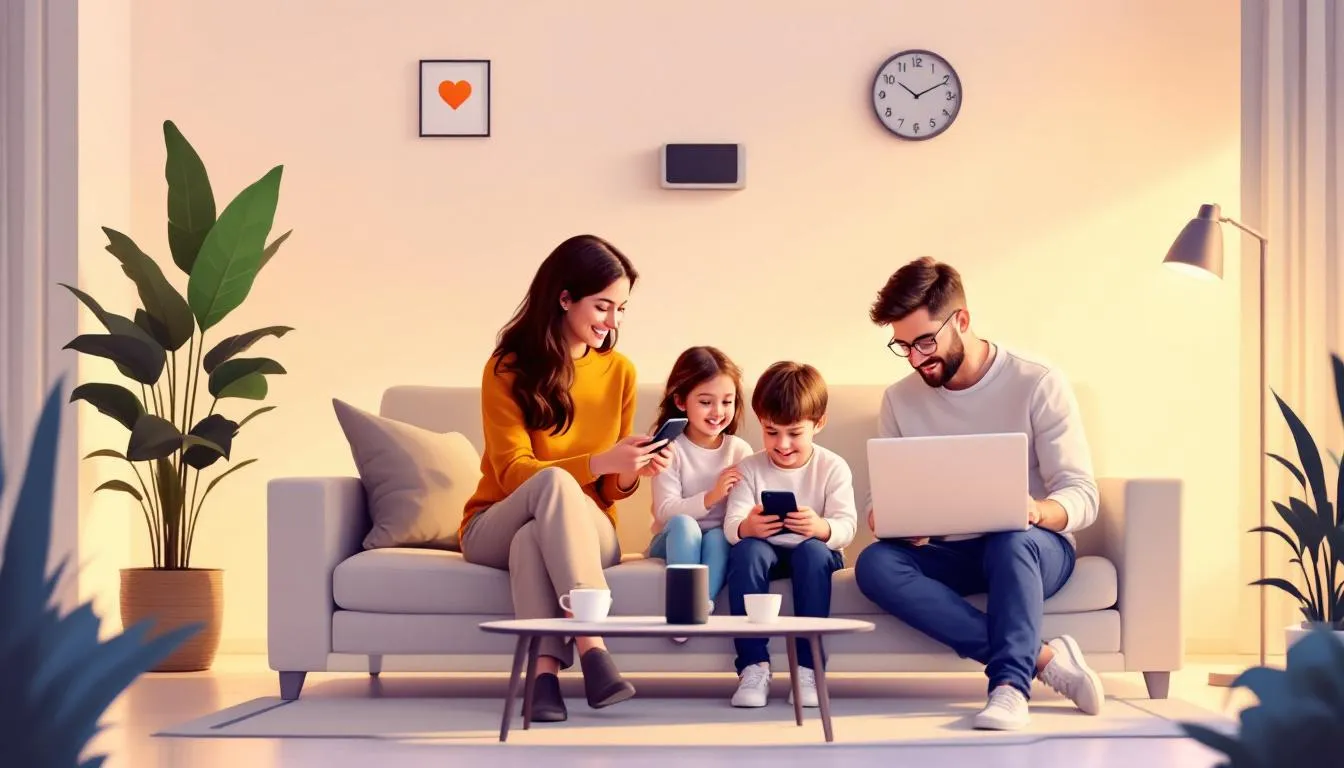 A family using multiple smart devices in a home setting.