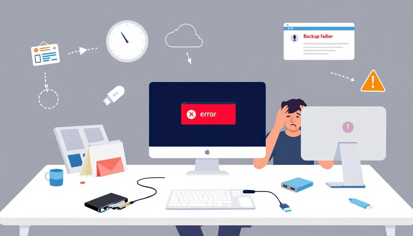 An image depicting data loss and backup failures in a home office setting.