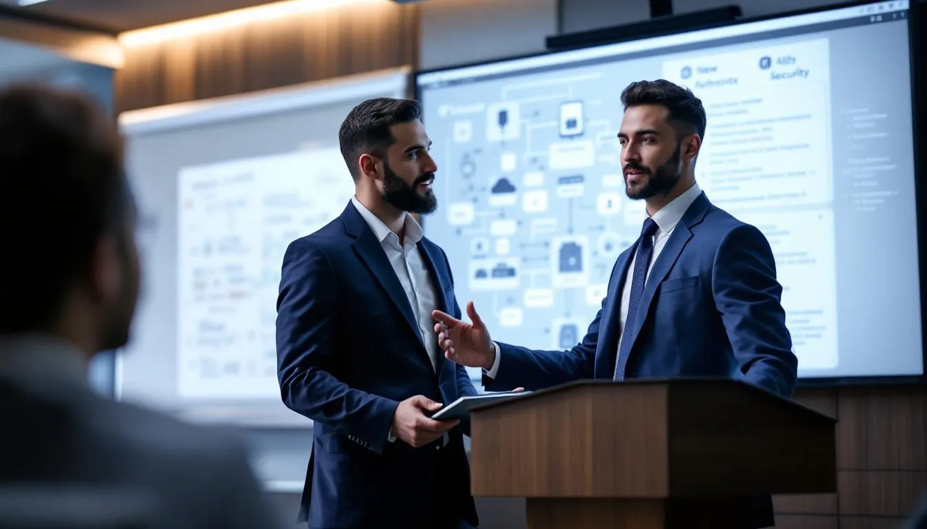 A technical expert demonstrating IT solutions to a business team.