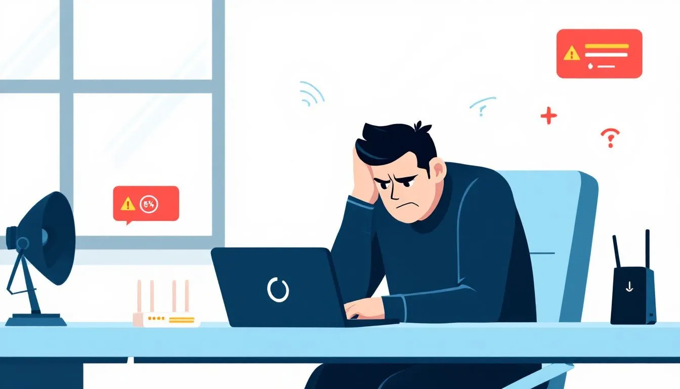 An illustration of a frustrated person experiencing unreliable internet connection while working from home.