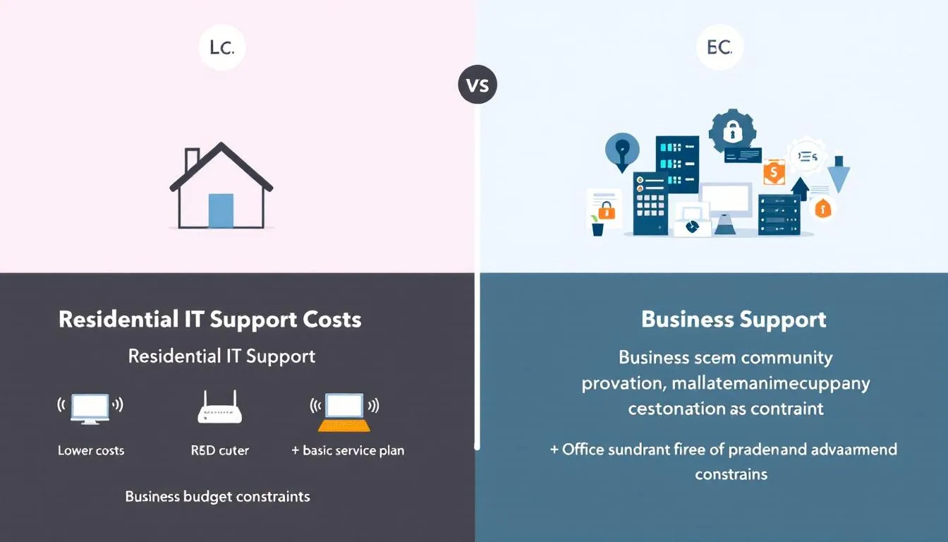 A visual comparison of cost differences between residential and business IT support, emphasizing budget constraints.