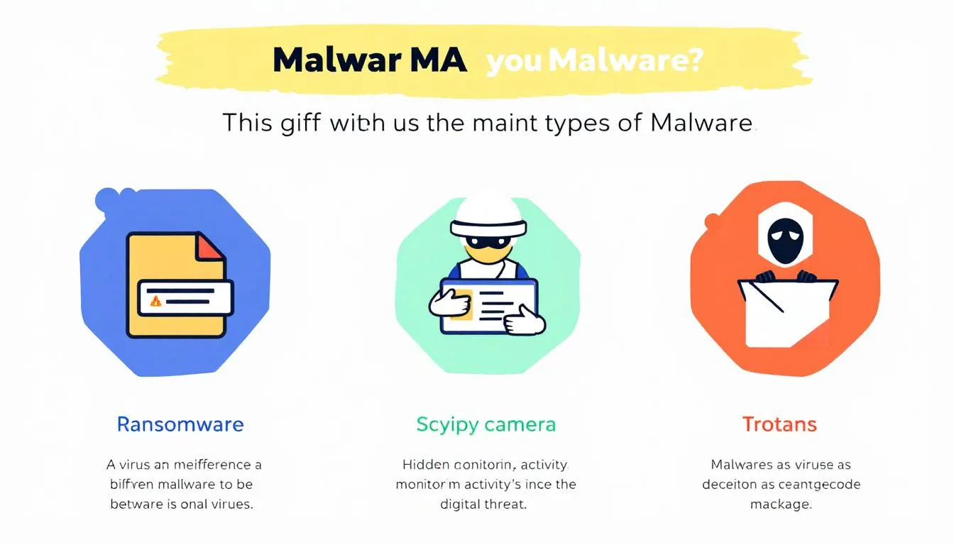 An infographic displaying common types of malware, including ransomware, spyware, and trojans.