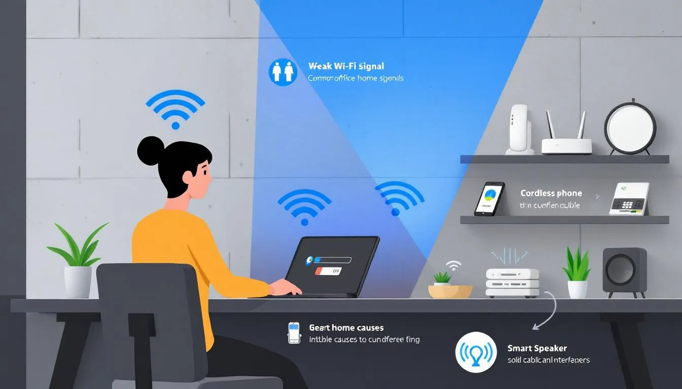 An illustration showing a person troubleshooting weak Wi-Fi signal issues in their home office.