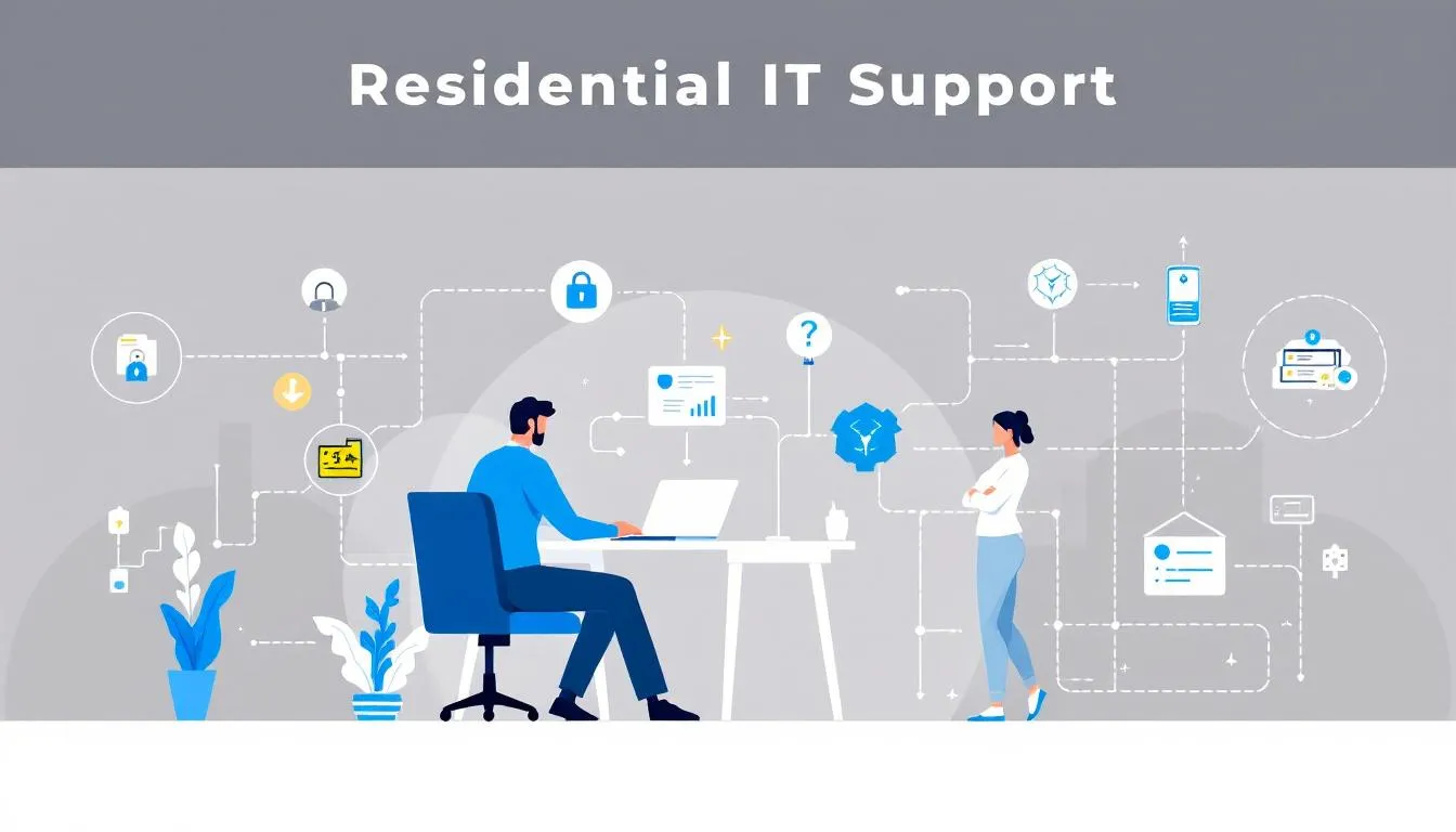 An illustration depicting residential IT support services, showcasing a technician assisting a homeowner with their IT infrastructure.