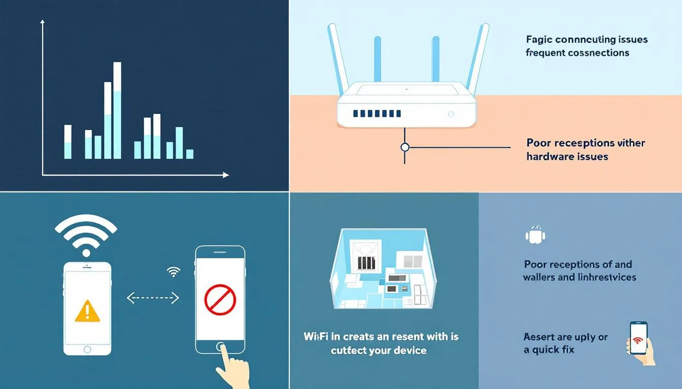 An illustration depicting various Wi-Fi connectivity issues, including frequent disconnections.